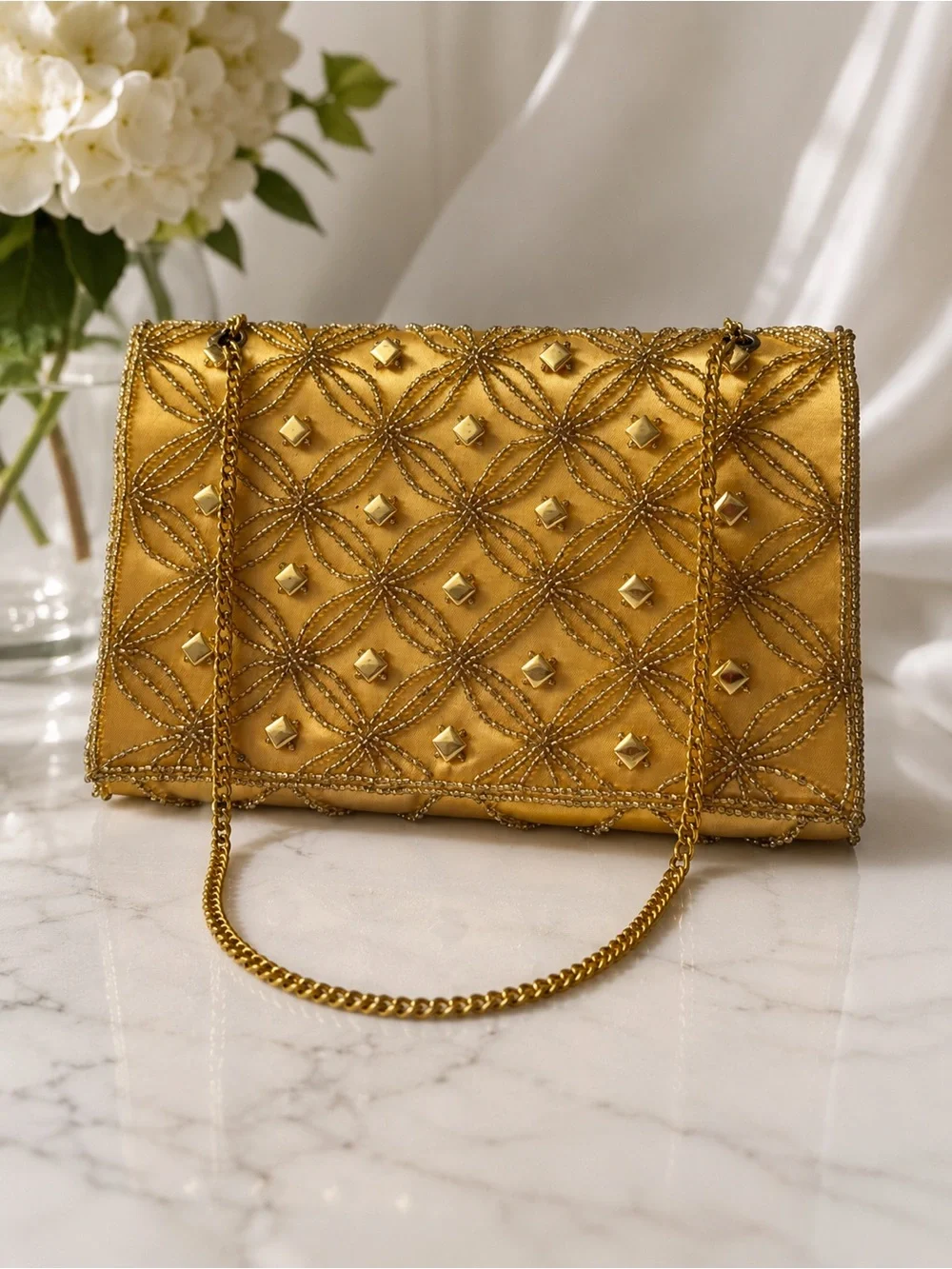 Hand Made in Japan Gold Beaded Stud Chain Shoulder Clutch